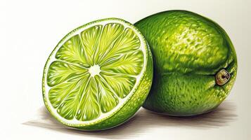 Realistic Fruit Image of One Whole Lime and Half Cut Slice. Generative AI. photo