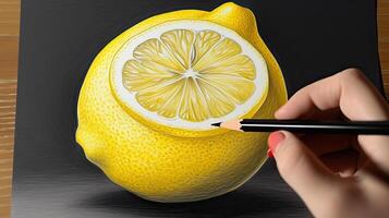 3D Art Presenting Image of Hand Drawing Realistic Lemon with Pencil. . photo