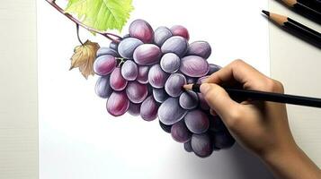 3D Art Presenting Image of Hand Drawing Realistic Grapes Bunch with Pencil. Generative AI. photo