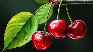 A Fruit Image of Realistic Cherries Tree Branch in Shiny Green Background. . photo