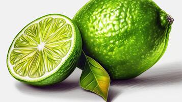 Realistic Fruit Image of One Whole Lime and Half Cut Slice. Generative AI. photo