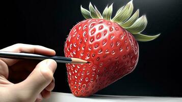 3D Art Presenting Image of Hand Drawing Realistic Strawberry with Pencil. Generative AI. photo