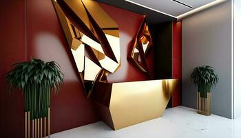 Modern Design Office or Hotel Interior with Golden Reception Desk and Plants Decorative. Generative AI Technology. photo