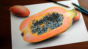 3D Art Image of Realistic Drawing One Whole Papaya and Half Cut Slice with Pencil Illustration on Brown Wooden Table. . photo