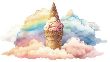 A Painting of Colorful Skyline Ice Cream Wafer Cone in Sky Clouds. photo