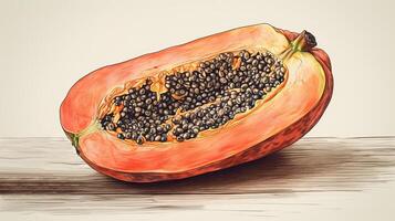 Watercolor Drawing Half Cut Juicy Papaya Slice Isolated on Brown Wooden Background. . photo