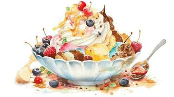 Watercolor Image of Berries Garnish Ice Cream Serving Bowl with Spoon. photo