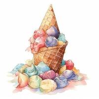 Watercolor Image of Stack Various Color Ice Cream Scoop Full Wafer Cone. photo