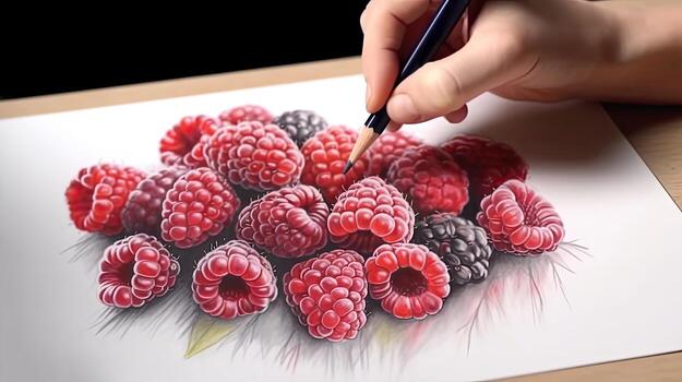 3D Art Presenting Image of Hand Drawing Realistic Raspberry with Pencil. . photo