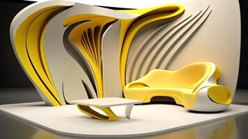 Ultra Modern Living Room with Futuristic Sofa, Table and 3D Abstract Design on the Wall. Technology. photo