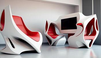 Futuristic Digital Kiosk and Modern Chairs in Interior Design. Technology. photo