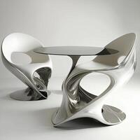 Ultra Modern Furniture of Two Armchairs with a Glass Table in White and Silver Color. Generative AI Technology. photo