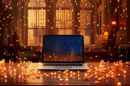 Stunning Image of Notebook Computer or Laptop on Table Full of Illuminated Candles in Defocused Room. Technology. photo