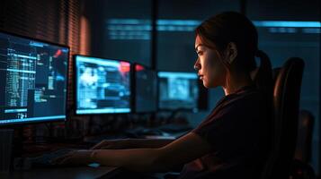 Side View of Asian Businesswoman IT Programmer Working on Laptop and Sitting at Glass Desk with Networking Migrate In Background. photo