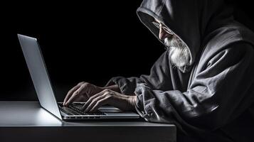 Closeup Portrait of Aged Man in Grey Hoodie Jacket and Using Laptop. Concept of Hacker or Cyber Security Concept. Generative AI. photo