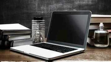 A Grey Laptop with Books and Glass Bottles on Rustic Table. Generative AI. photo