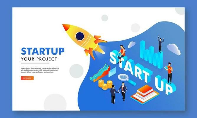 Business Startup Project Based Landing Page with Illustration of New Entrepreneur Analysis His Company Growth or Success.