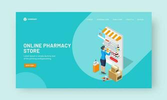 Landing Page or Hero Banner Design with Online Pharmacy Store in Isometric Smartphone and Modern Young Woman Character. vector