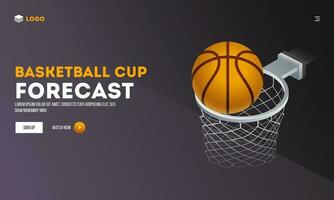 Watch Now Basketball Cup Forecast Website Banner Design with Highlight Basketball Goal in Hoop Net. vector