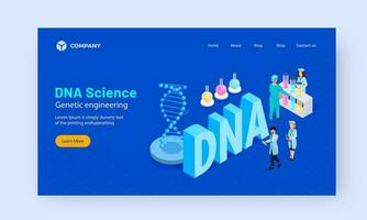 DNA Science Genetic Engineering Landing Page Design with Illustration of Scientists Doing Research in Laboratory and 3D Text of DNA. vector