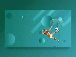 Action View of Basketball Player Character Kicking In Goal Net on Teal Abstract Background and Space for Your Message. Basketball Game Responsive Template of Poster Design. vector