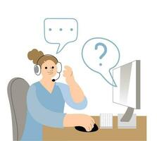 Women in headphones with laptop. Customer support operator vector illustration isolated