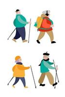 activo personas mayores sano estilo de vida. mayor personas nórdico caminando, contento hombre y mujer pensionistas excursionismo capacitación. dibujos animados vector ilustración