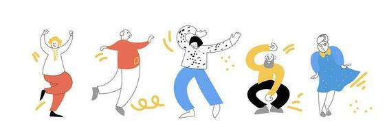 Seniors dance flat vector illustration. Elderly men and women actively spend time.