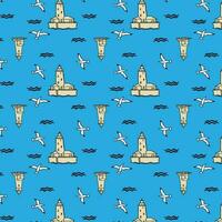 Seamless pattern with lighthouse, seagull . Vector flat sea design