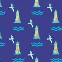 Seamless pattern with lighthouse, seagull . Vector flat sea design