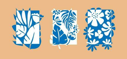 Set of vector backgrounds with tropical leaves in trendy retro trippy style. Hippie 60s, 70s style.