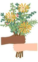 Hands of different races holding a bouquet of flowers vector