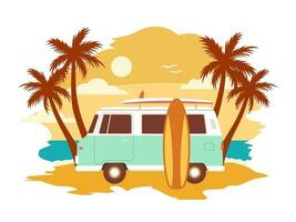 Clásico verano navegar póster con un mini camioneta vector ilustración. Hora de verano, playa vacaciones, agua actividad. camiseta impresión