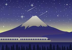 train run past Mount Fuji at night scene famous landmark of Japan vector