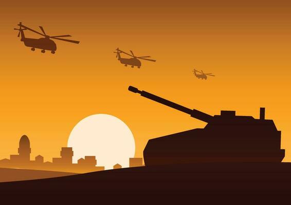 helicopter fly over tank still on desert to attack enemy,silhouette design,vector illustration