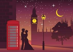 Pareja abrazo cerca teléfono caja a grande ben punto de referencia de londres,silueta estilo vector