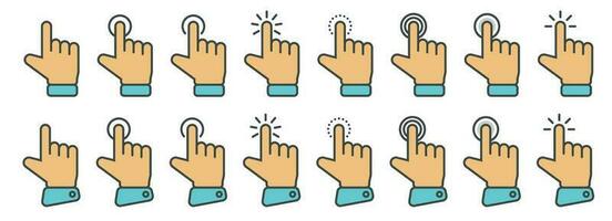 Hand cursor icon in different gestures. Finger mouse cursor. Clicking cursor vector illustration