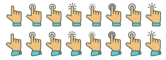 Hand cursor icon in different gestures. Finger mouse cursor. Clicking cursor vector illustration