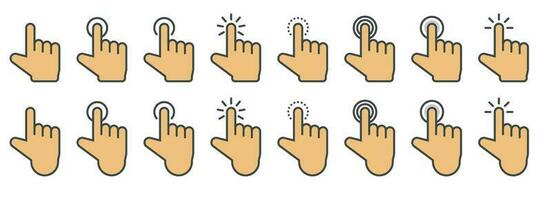 Hand cursor icon in different gestures. Finger mouse cursor. Clicking cursor vector illustration