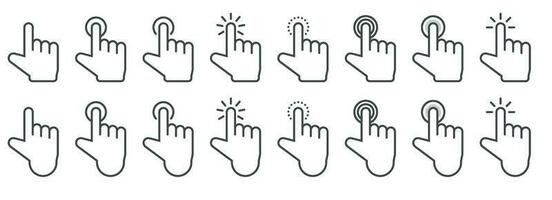 Hand cursor icon in different gestures. Finger mouse cursor. Clicking cursor vector illustration