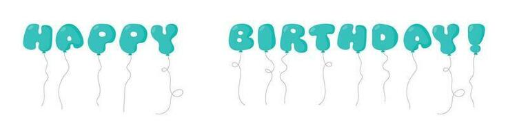 Happy Birthday party balloon text tied with strings. Vector illustration in cartoon style