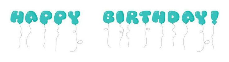 Happy Birthday party balloon text tied with strings. Vector illustration in cartoon style