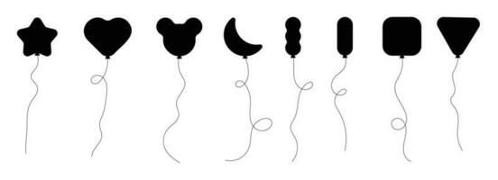 Set of black silhouette party balloons tied with strings. Vector illustration in cartoon style