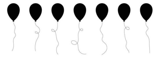 Set of black silhouette party balloons tied with strings. Vector illustration in cartoon style