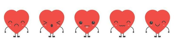 Cartoon heart shape emoji with different mood vector illustration collection