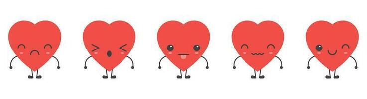 Cartoon heart shape emoji with different mood vector illustration collection