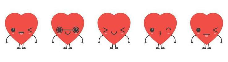 Cartoon heart shape emoji with different mood vector illustration collection