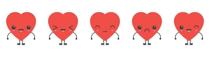 Cartoon heart shape emoji with different mood vector illustration collection