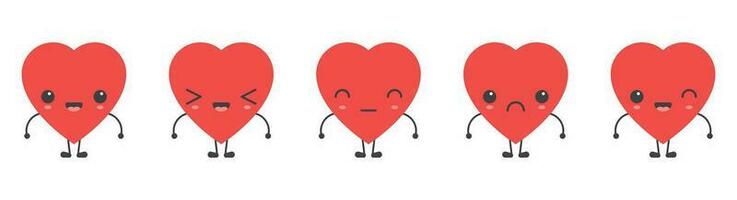 Cartoon heart shape emoji with different mood vector illustration collection