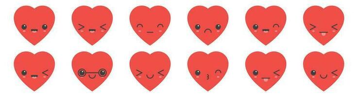 Cartoon heart shape emoji with different mood vector illustration collection